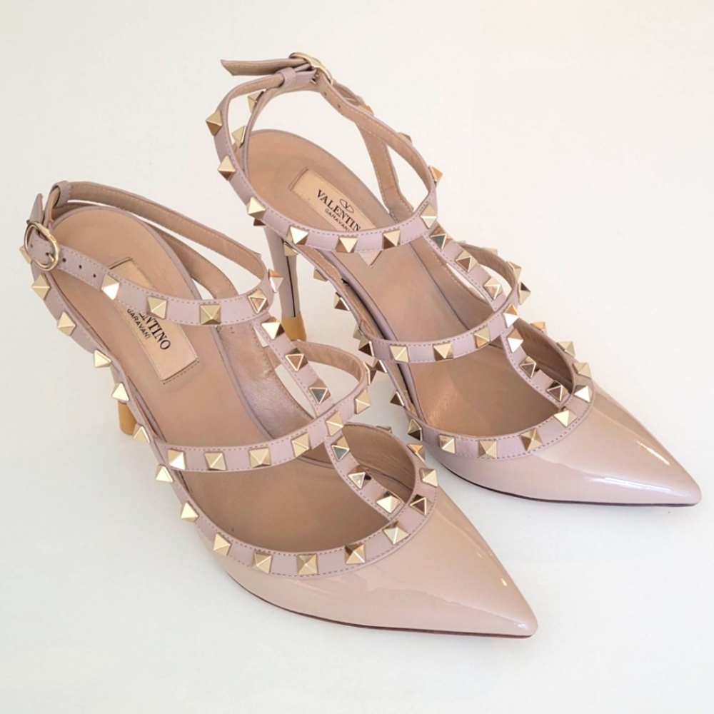 Valentino Garavani Blush Patent Leather Heels with Gold Studs